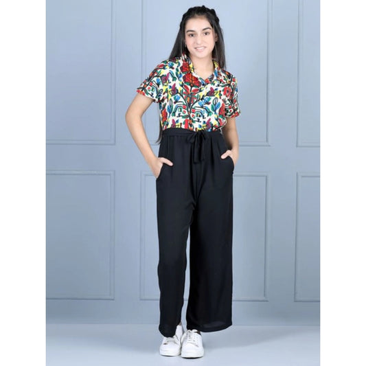 Girl's Polyester Printed Short Sleeves Jumpsuit (Multicolor-Black)