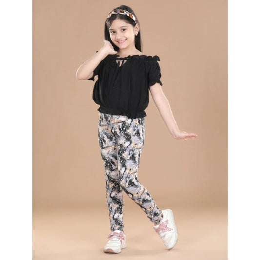 Girl's Cotton Floral Elasticated Jegging and Top Set (Black)