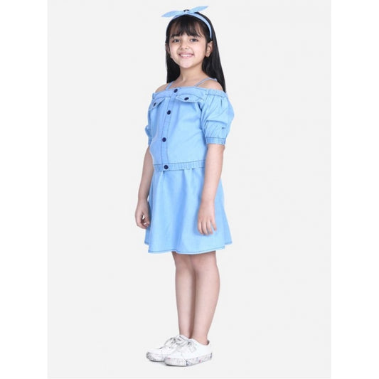 Girl's Denim Solid Cold Shoulder Top and Skirt Set (Light Blue)
