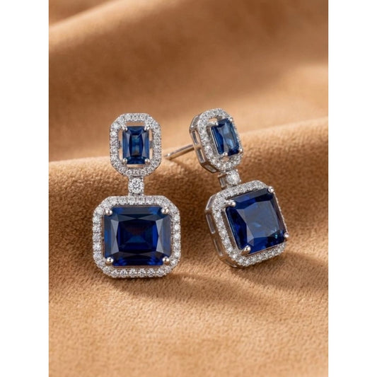 Women's Brass Silver Plated Drop Earrings (Blue)