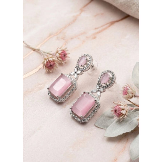 Women's Brass Silver Plated Drop Earrings (Pink)
