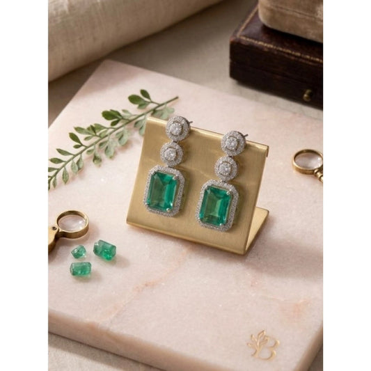 Women's Brass Silver Plated Drop Earrings (Green)