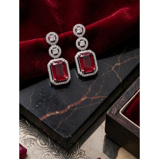 Women's Brass Silver Plated Drop Earrings (Red)