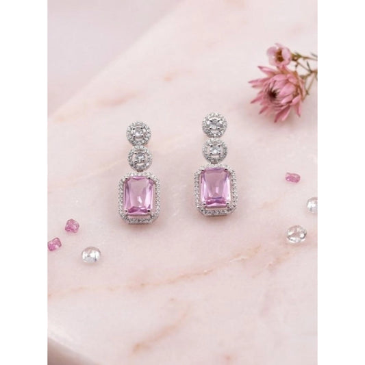 Women's Brass Silver Plated Drop Earrings (Pink)