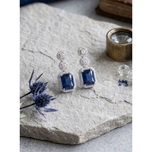 Women's Brass Silver Plated Drop Earrings (Blue)