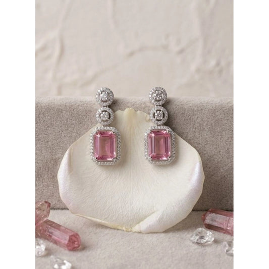Women's Brass Silver Plated Drop Earrings (Pink)