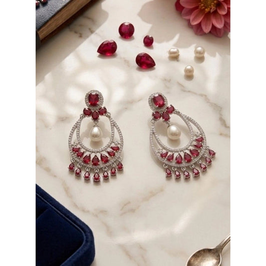 Women's Brass Silver Plated Chandbali Earrings (Red)