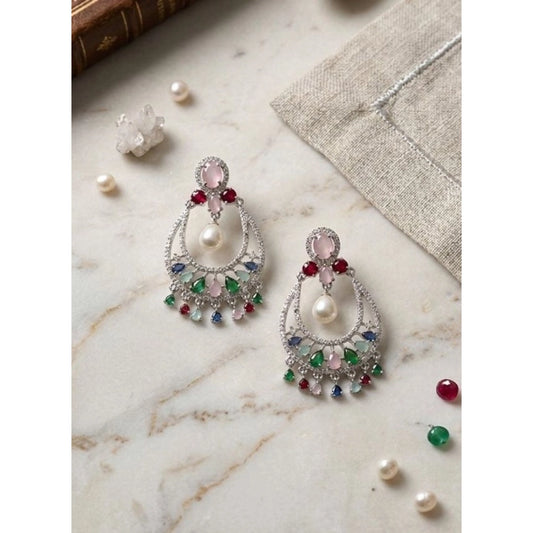 Women's Brass Silver Plated Chandbali Earrings (Multicolor)