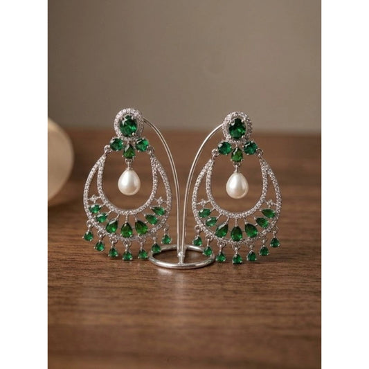 Women's Brass Silver Plated Chandbali Earrings (Green)