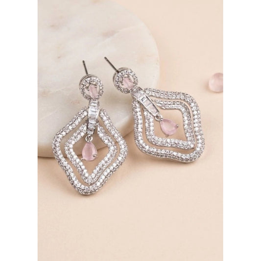 Women's Brass Silver Plated Drop Earrings (Pink)