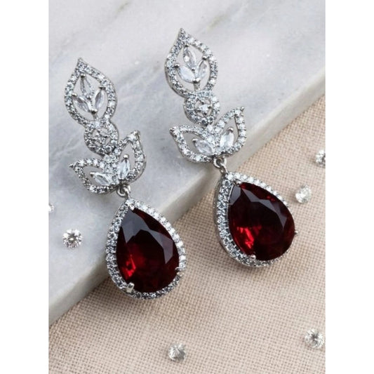 Women's Brass Silver Plated Drop Earrings (Red)