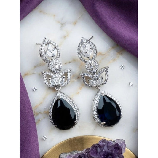Women's Brass Silver Plated Drop Earrings (Blue)