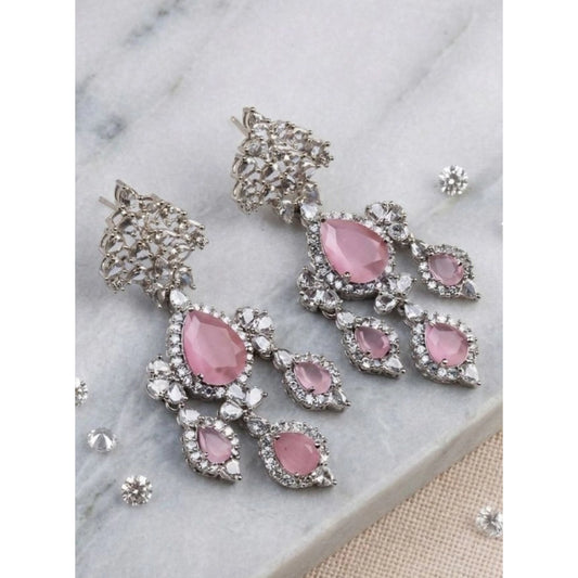 Women's Brass Silver Plated Drop Earrings (Pink)