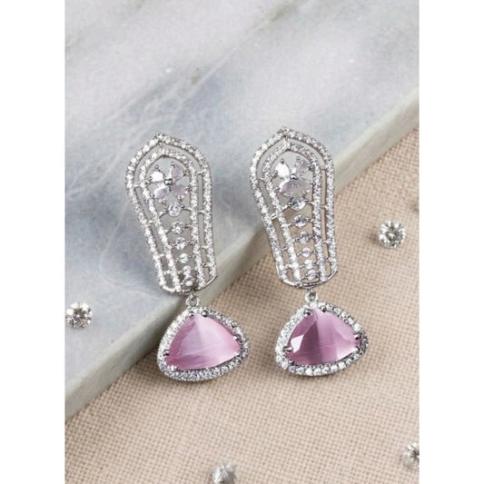 Women's Brass Silver Plated Drop Earrings (Pink)