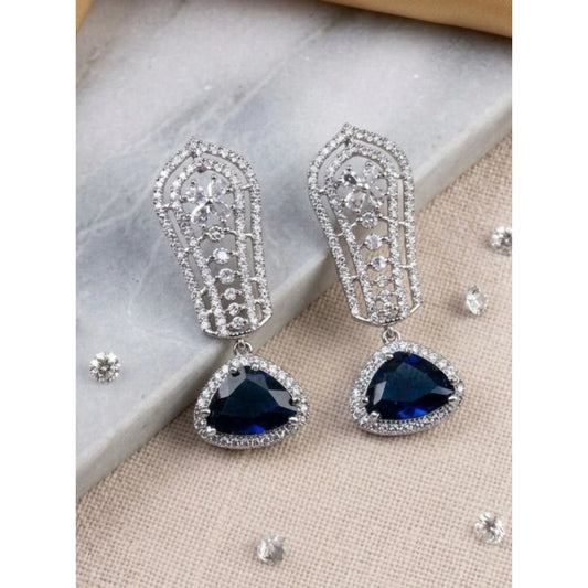 Women's Brass Silver Plated Drop Earrings (Blue)