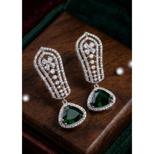 Women's Brass Silver Plated Drop Earrings (Green)