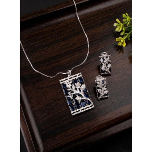 Women's Brass Silver Plated Pendant Set (Blue)