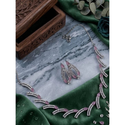 Women's Brass Silver Plated Necklace set (Pink)