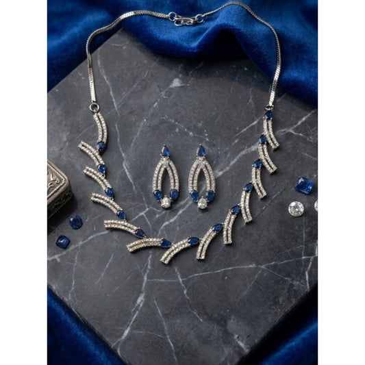Women's Brass Silver Plated Necklace set (Blue)