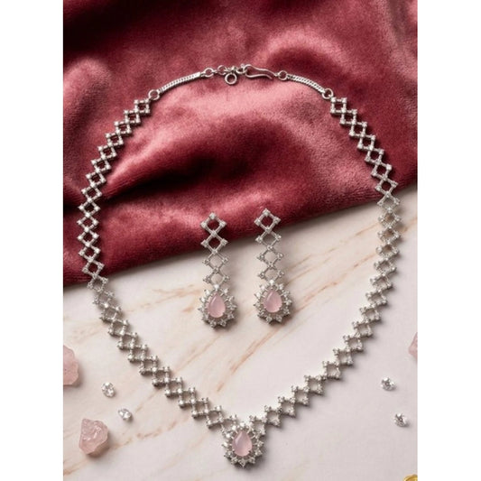 Women's Brass Silver Plated Necklace set (Pink)