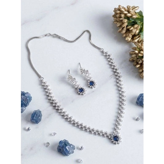 Women's Brass Silver Plated Necklace set (Blue)