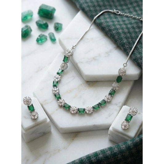 Women's Brass Silver Plated Necklace set (Green)