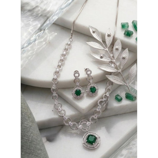 Women's Brass Silver Plated Necklace set (Green)