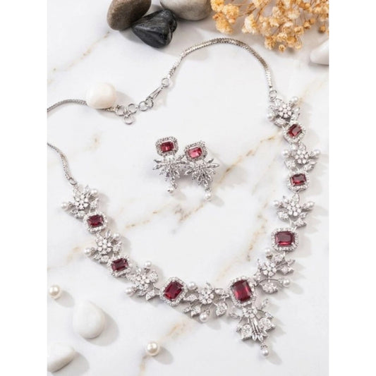 Women's Brass Silver Plated Necklace set (Red)