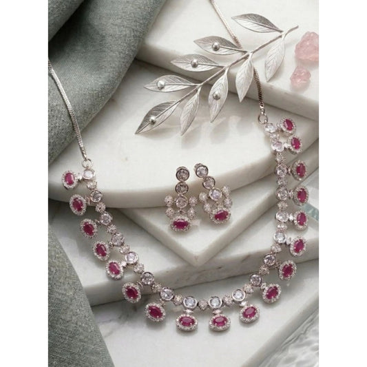 Women's Brass Silver Plated Necklace set (Pink)