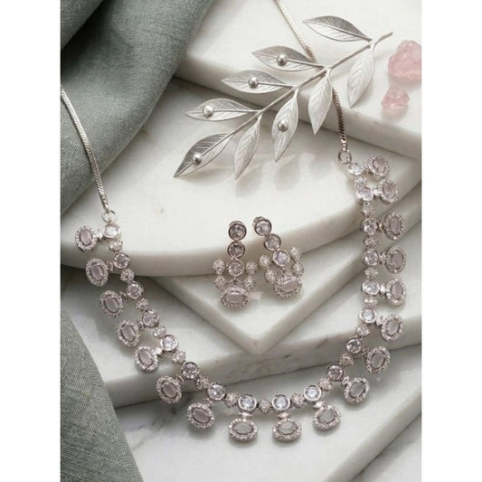 Women's Brass Silver Plated Necklace set (White)
