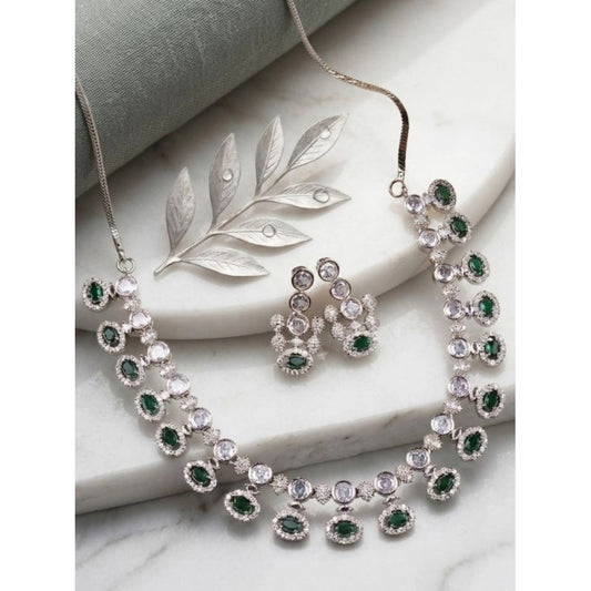Women's Brass Silver Plated Necklace set (Green)