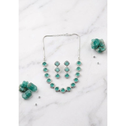 Women's Brass Silver Plated Necklace set (Green)