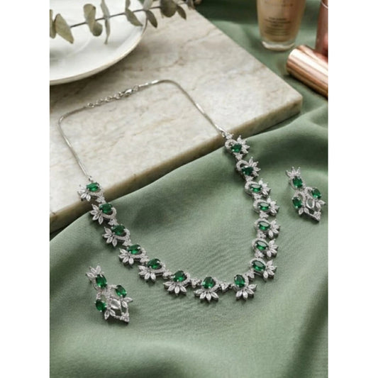 Women's Brass Silver Plated Necklace set (Green)