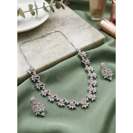 Women's Brass Silver Plated Necklace set (Pink)