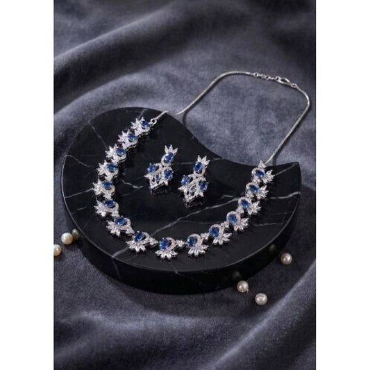 Women's Brass Silver Plated Necklace set (Blue)
