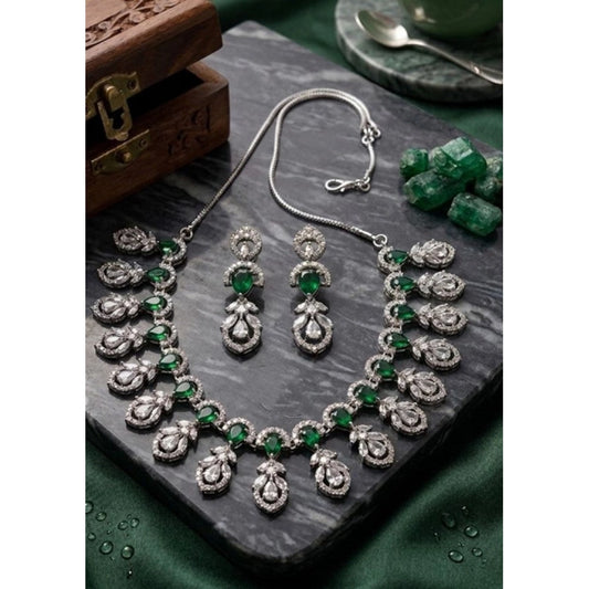 Women's Brass Silver Plated Necklace set (Green)