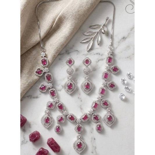 Women's Brass Silver Plated Necklace set (Red)