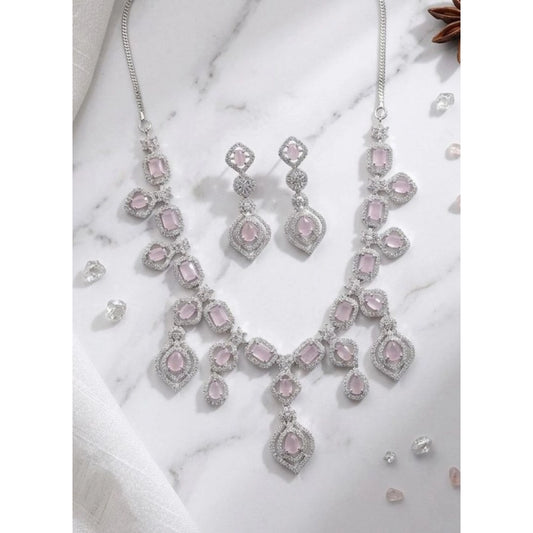 Women's Brass Silver Plated Necklace set (Pink)