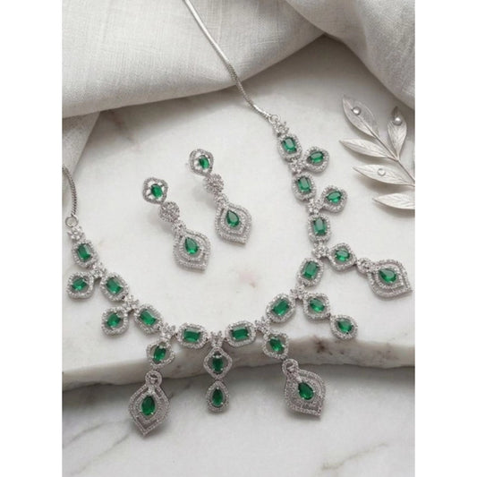 Women's Brass Silver Plated Necklace set (Green)