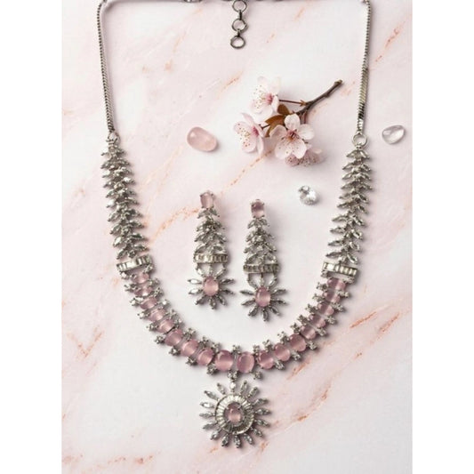 Women's Brass Silver Plated Necklace set (Pink)